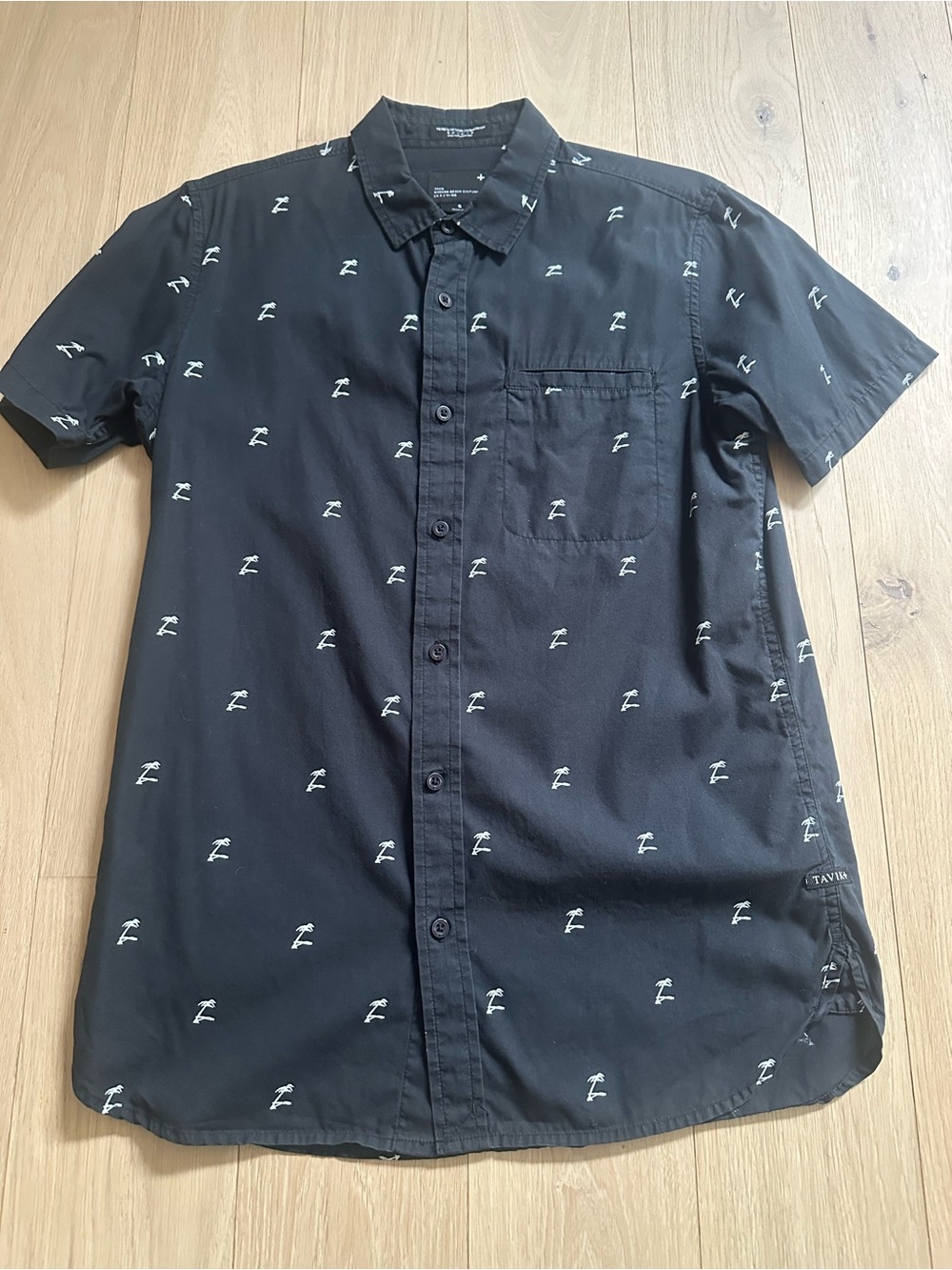 Tavik Short-Sleeve Black Button-Up Shirt with Subtle Palm Tree White Print